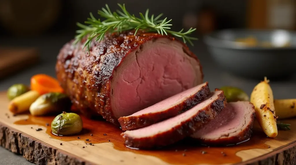 Perfectly roasted bottom round roast with golden-brown crust, sliced and served with roasted vegetables like carrots, parsnips, and brussels sprouts