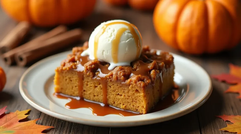 A slice of Pumpkin Dump Cake topped with vanilla ice cream and caramel sauce, surrounded by fall decorations.