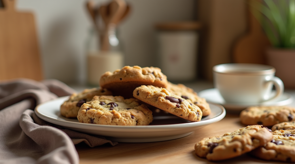 A plate of freshly baked Crumbl cookies recipe with gooey chocolate chips, placed on a kitchen counter with a cup of coffee nearby.