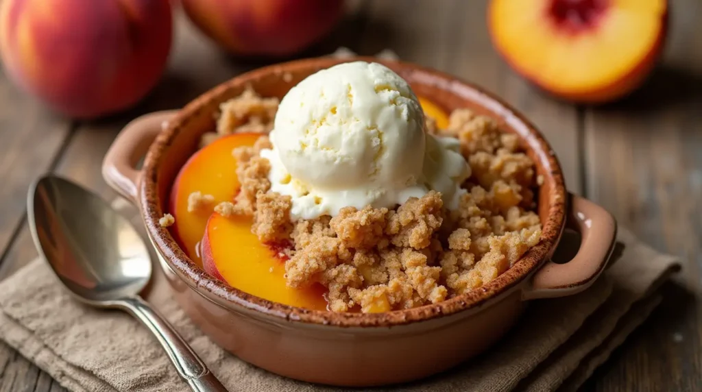 A freshly baked peach crumble recipe served in a ceramic dish, topped with a golden, crispy crumble, accompanied by a scoop of vanilla ice cream.