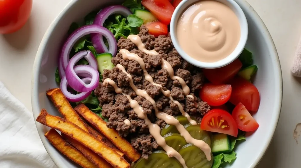 Burger bowl recipe with seasoned ground beef, fresh greens, avocado, tomatoes, and sweet potato fries on a rustic wooden table.