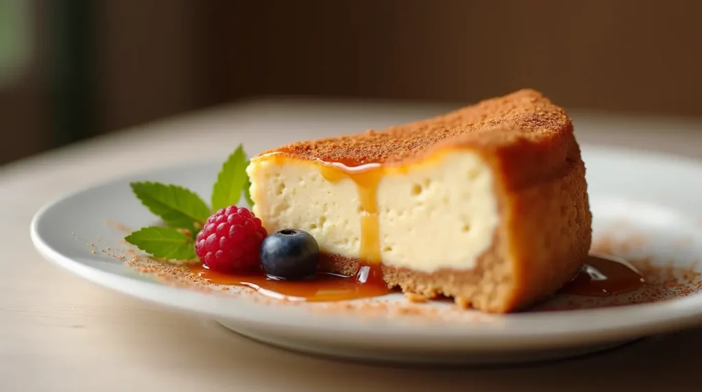 A beautifully plated churro cheesecake topped with cinnamon sugar, caramel sauce, and fresh berries, set against a soft, blurred background.