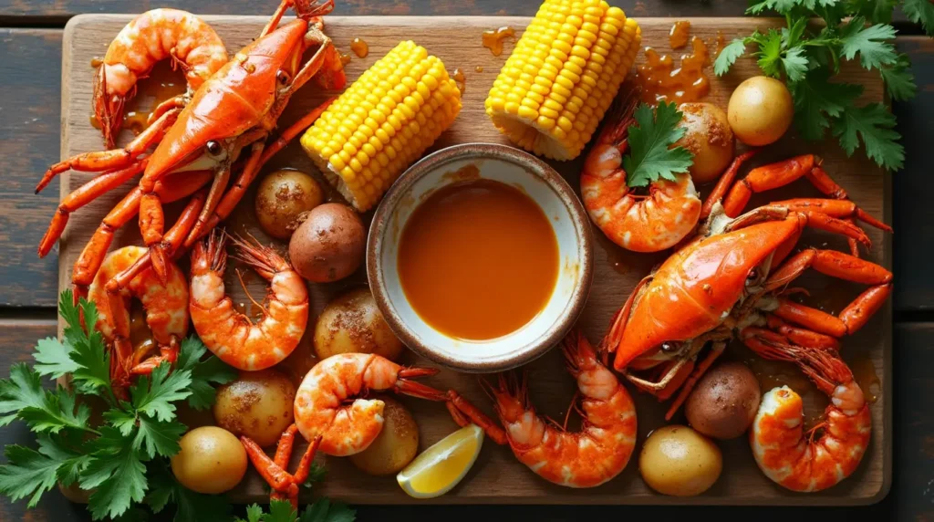 "Seafood boil with shrimp, crab, lobster, corn, and potatoes covered in rich seafood boil sauce on a wooden platter."