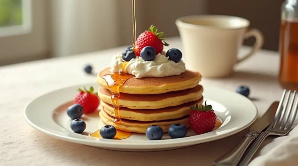 Fluffy golden hotcakes stacked on a plate, topped with fresh berries, whipped cream, and maple syrup, served with a fork and knife