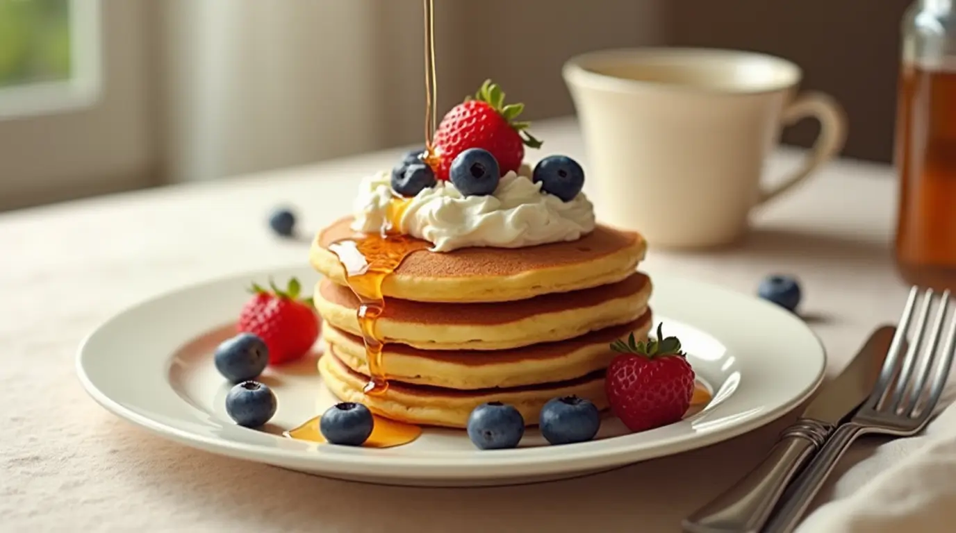 Fluffy golden hotcakes stacked on a plate, topped with fresh berries, whipped cream, and maple syrup, served with a fork and knife