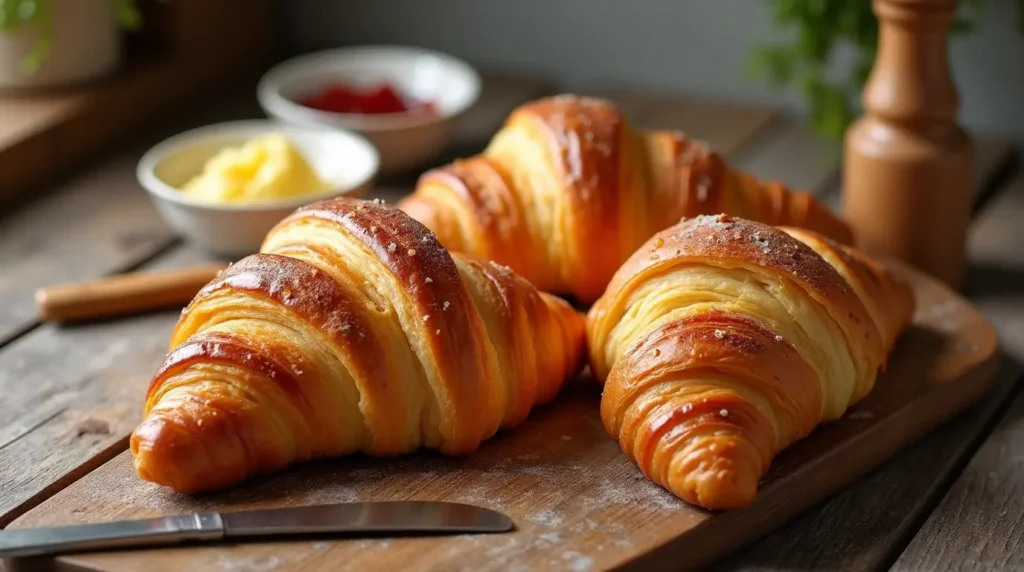 Golden brown Gipfeli recipe pastries on a rustic wooden table with a cup of coffee, a bowl of jam, and a butter knife, evoking a cozy breakfast setting.