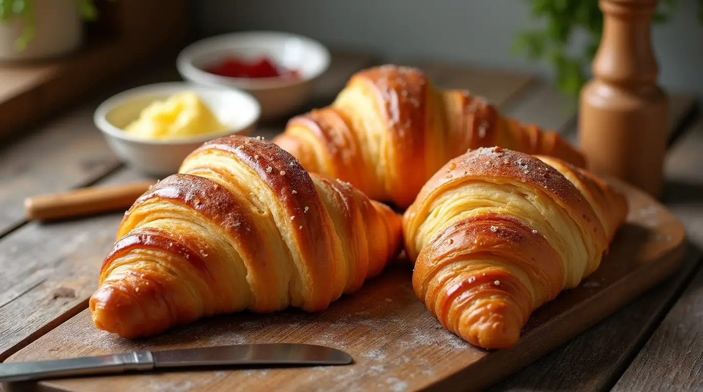 Golden brown Gipfeli recipe pastries on a rustic wooden table with a cup of coffee, a bowl of jam, and a butter knife, evoking a cozy breakfast setting.