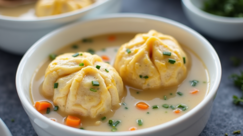 A pot of Bisquick dumplings recipe simmering in a golden broth with vegetables like carrots and celery, surrounded by a wooden spoon and a warm kitchen backdrop.