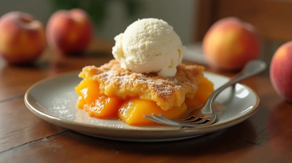 Peach Cobbler with Cake Mix, featuring a golden topping and juicy peach filling, served with a scoop of vanilla ice cream.