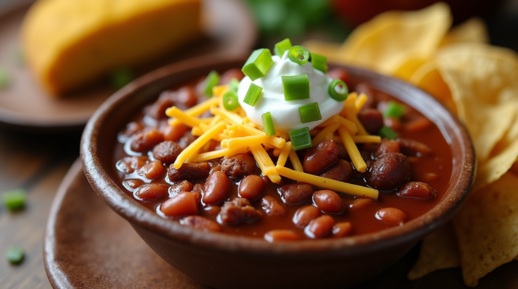 A bowl of venison chili topped with shredded cheese, sour cream, and green onions, served with cornbread and tortilla chips on a rustic wooden table.