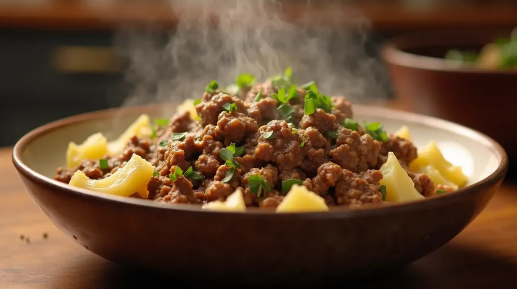 A hearty ground beef and cabbage stir-fry served in a skillet with fresh herbs and a cozy kitchen background.