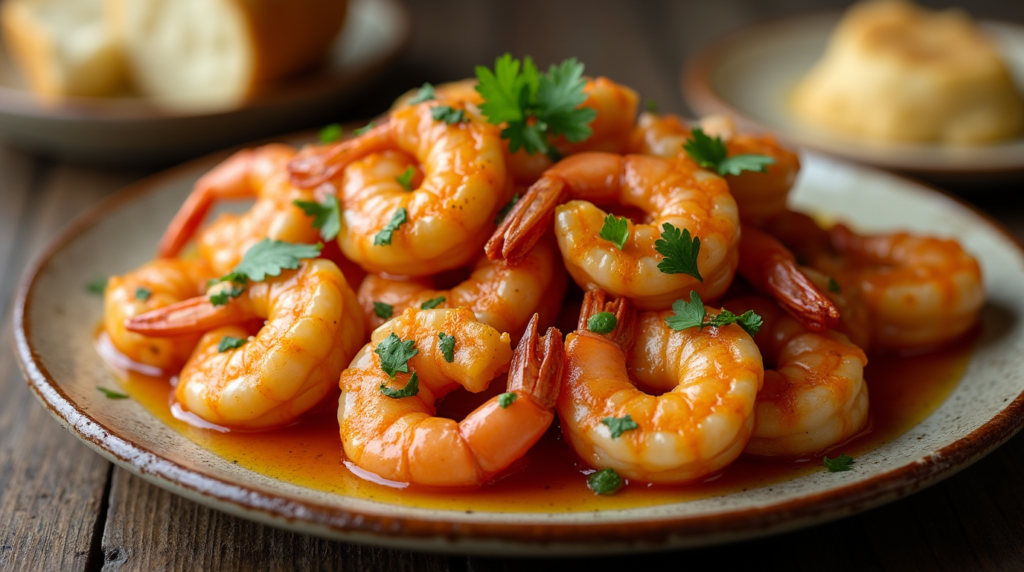 A plate of Garlic Shrimp (Gambas al Ajillo) served with crusty bread, garnished with fresh parsley, on a rustic wooden table.